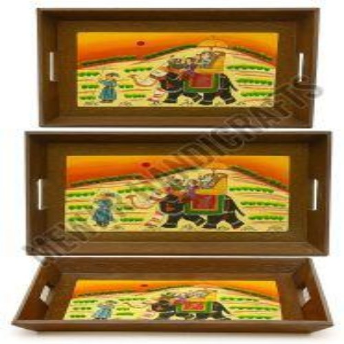 Set of 3 Hand Painted Engineered Wood Serving Tray Set